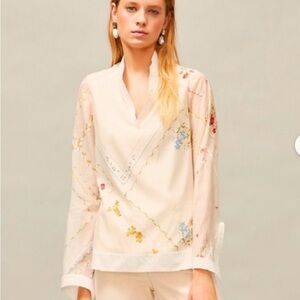 Tory Burch Cream Tunic with Blue and Red Floral Embroidery